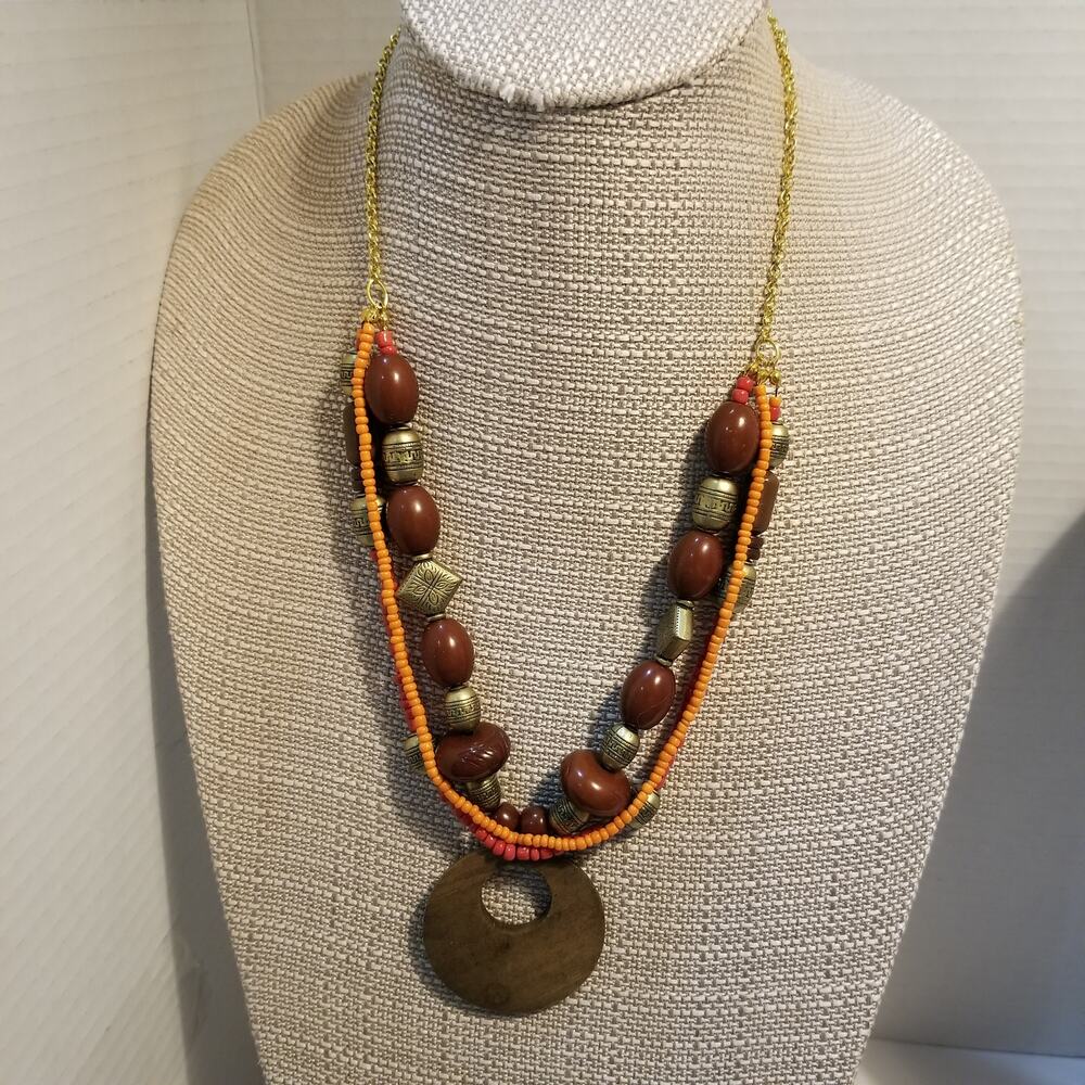 Vintage boho wood beads and seed beads necklace 22" with two inch extension gold